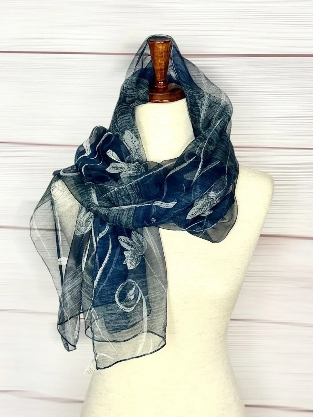 NWT HUALI Silk Chiffon Scarf Dark Blue Floral Sheer Lightweight Hand Rolled